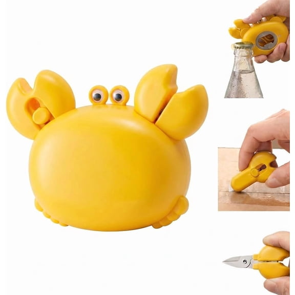 Crab Shaped Multifunctional Bottle Opener, 4 in 1 Magnetic Fridge Opener, Portable Box Cutter Kitchen Gadget, Household Beer Can Opener Decor Tool for Home Party Daily Use (Yellow)