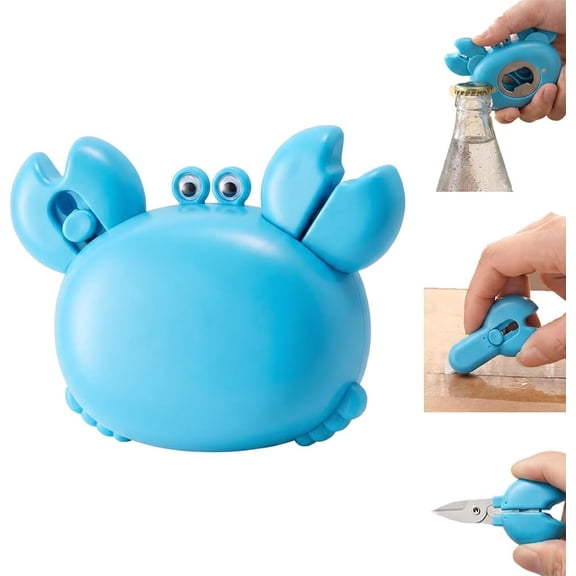 Crab Shaped Multifunctional Bottle Opener, 4 in 1 Magnetic Fridge Opener, Portable Box Cutter Kitchen Gadget, Household Beer Can Opener Decor Tool for Home Party Daily Use (Blue)