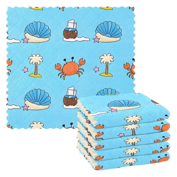 Crab Shell Coconut Tree Pattern Dish Towels 6 Pack Kitchen Cleaning Dish Cloths Absorbent Reuseable Cleaning Cloths 11'' x 11''