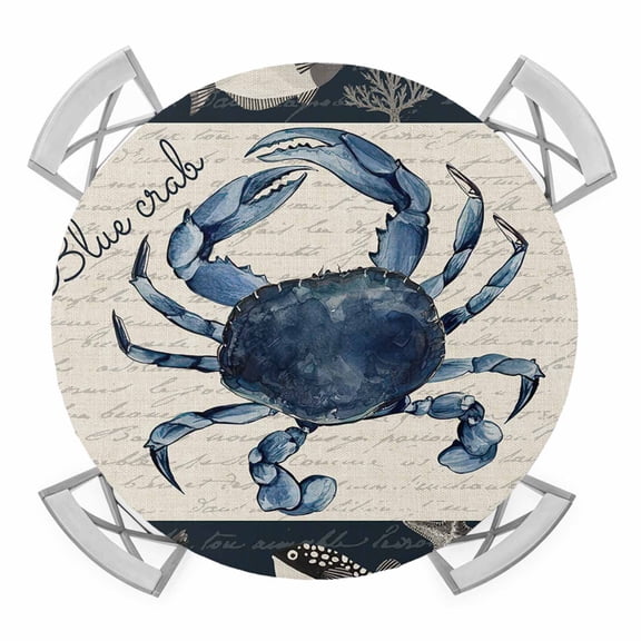 Crab Shell Fish Elastic Fitted Round Table Cover Seaweed Starfish Waterproof Outdoor Tablecloth for Holiday Party, Picnic, Patio & Dining Fits Tables Up to 55"-60"