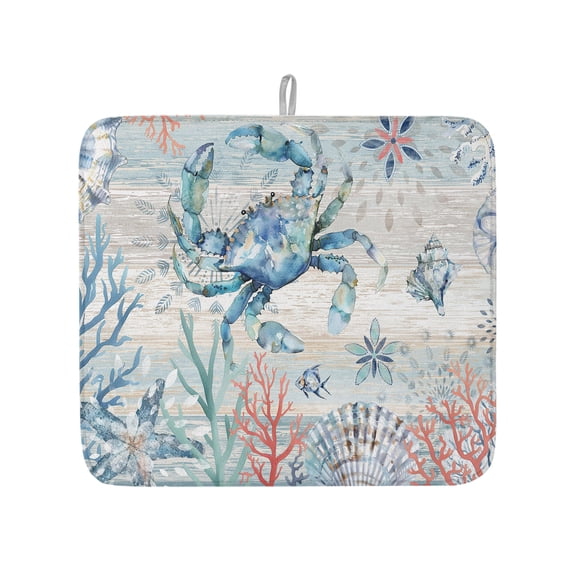 Crab Shell Ocean Coral Dish Drying Mats for Kitchen Counter,Absorbent Microfiber Dish Drainer Rack Mat Retro Gradient Wood Grain Drying Pad for Sinks,Utensils,Countertops,16x18in