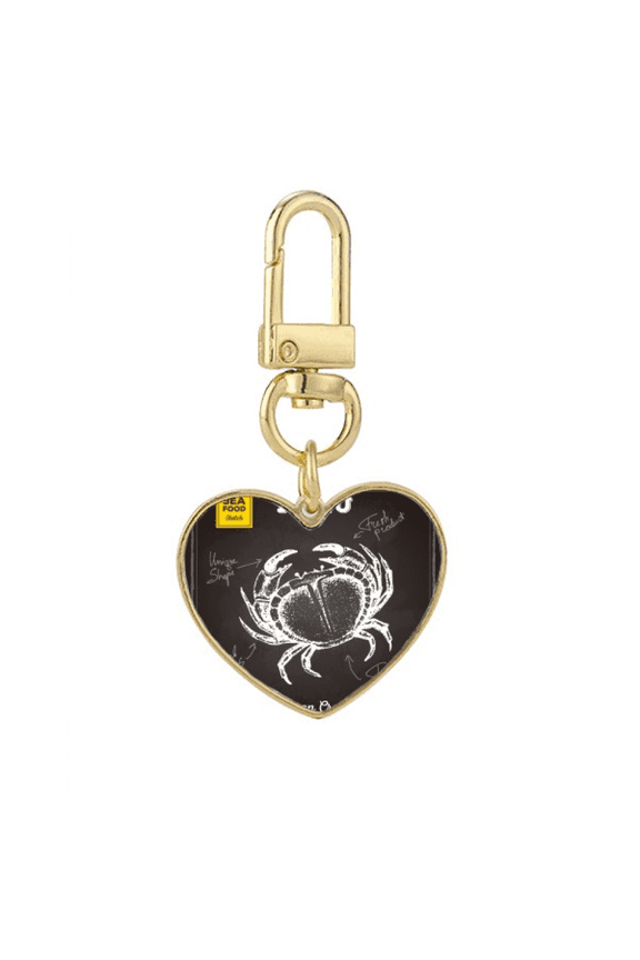 Crab Sketch Pattern Marine Organism Gold Heart Keychain Metal Keyring Holder