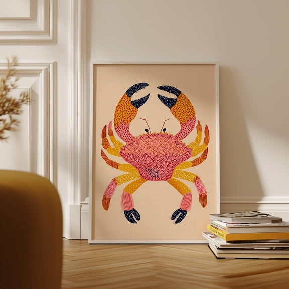 Crab Stylized Folk Lino Style Pink Orange Sea Life Animal Wall Art Unframed Paper Print