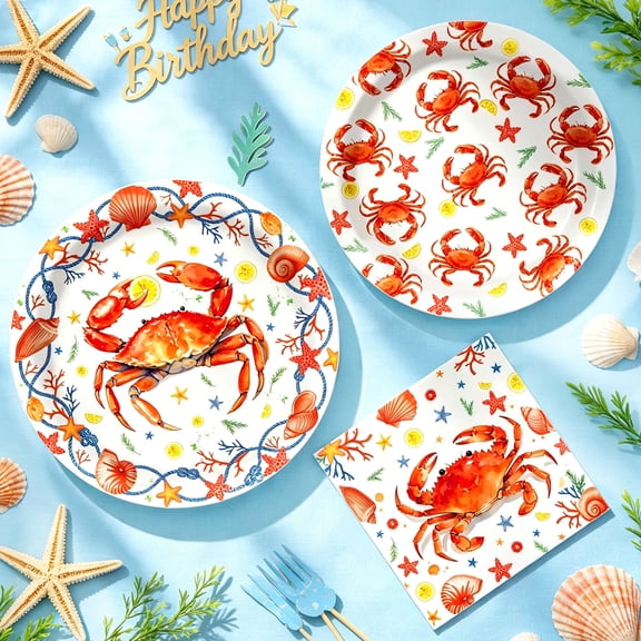 Crab Theme Disposable Party Plates Set - Vibrant Ocean Design Summer Beach & Seafood Party Tableware Kit