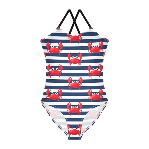 Crab with Blue and White Stripes Pattern Girls' One-Piece Swimwear 3T ...