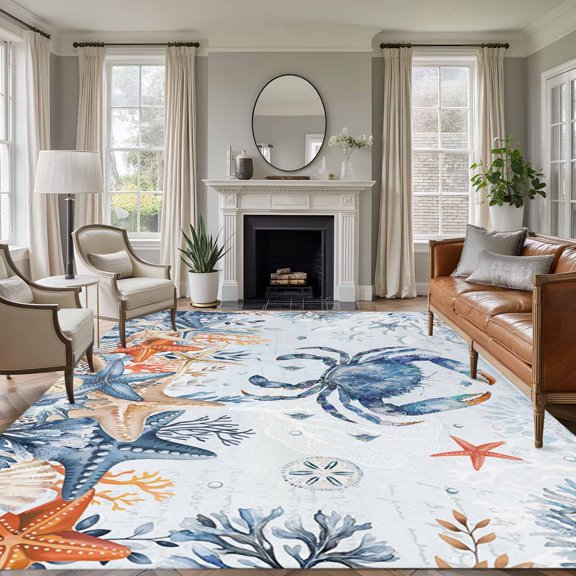 CrabCoastal Area Rugs 6'x9', Washable Small Throw Rugs for Kitchen Dining room, Summer Beach Coral Starfish Blue Ombre Indoor Outdoor Rug Non-Slip Low Pile Carpet Runner Reversible Floor Mats