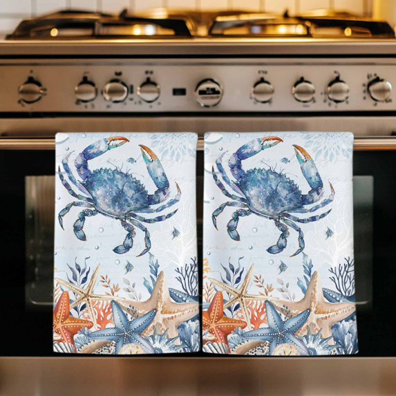 CrabCoastal Kitchen Towels Set of 2, Summer Beach Coral Starfish Blue Ombre Absorbent Dish Towels for Kitchen, Microfiber Hand Towel, Quick Drying Tea Towel for Cleaning Decorative Dishcloths