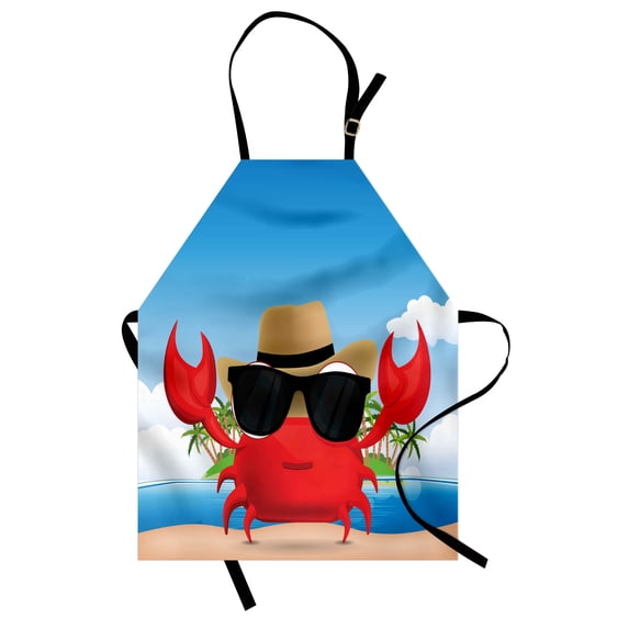 Crabs Apron, Cool Crustacean with Black Sunglasses and a Hat Summer Vacation on Tropical Island, Unisex Kitchen Bib with Adjustable Neck for Cooking Gardening, Adult Size, Multicolor, by Ambesonne