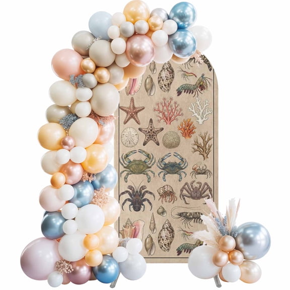 Crabs Arch Backdrop Cover 4 FT Retro Sea Star Crab Shell Coral Linen Texture Stretchy Elastic Arch Stand Covers Spandex Arched Background Birthday Wedding Party Decoration (No Stand)