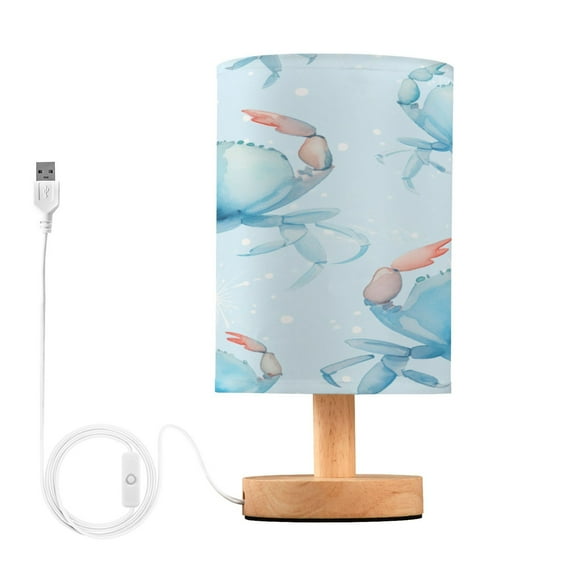 Crabs Blue Table Lamp USB Bedside Desk Nightstand Lamp Printed Gifts Small Lamp Wood Base for Bedroom Living Room Kids Room College Dorm