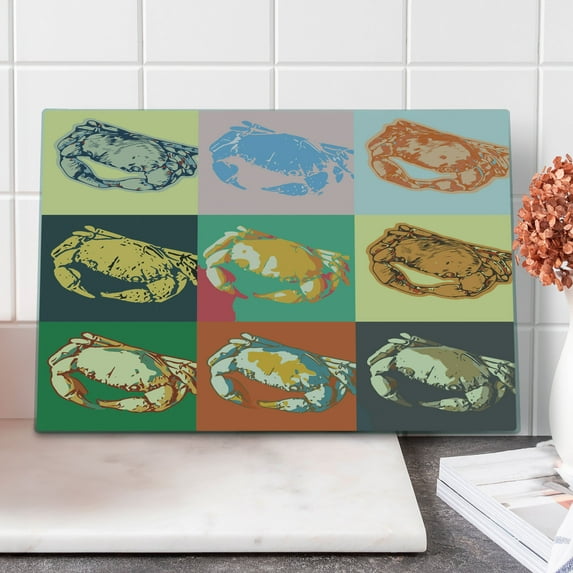 Crabs Cutting Board, Illustration of Crabs Different Colors Poprt Style Retro Design Print, Decorative Tempered Glass Cutting and Serving Board, Large Size, Pale Yellow and Orange, by Ambesonne