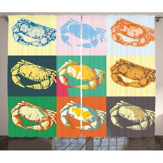 Ambesonne Pop Art Curtains 2 Panel Set, Composition of Crabs, 108" x 90", Pale Yellow and Orange