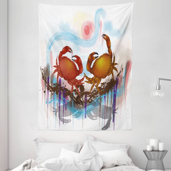 Crabs Decor Tapestry, Sea Animals Theme Two Crabs Dancing on Abstract Grunge Background Print, Wall Hanging for Bedroom Living Room Dorm Decor, 60W X 80L Inches, Brown Light Blue, by Ambesonne