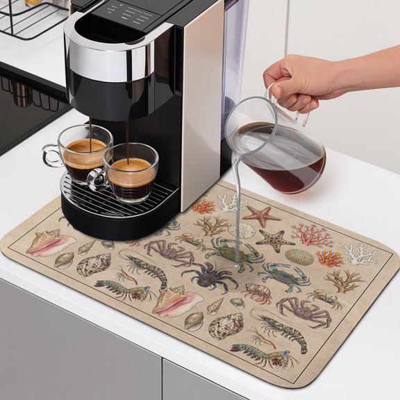 Crabs Dish Drying Mats for Kitchen Counter, Retro Sea Star Crab Shell Coral Linen Texture Absorbent Coffee Bar Mat with Non-slip Rubber Backed Quick Drying Dish Rack Pad 12"x16"