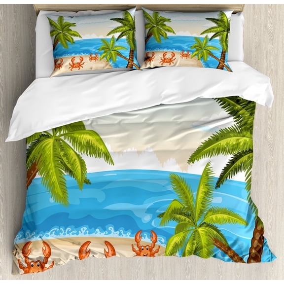 Crabs Duvet Cover Set, Cartoon Style Illustration of the Palm Trees and Crabs on Beach Cloudy Sky Print, Decorative 3 Piece Bedding Set with 2 Pillow Shams, Queen Size, Aqua Beige, by Ambesonne