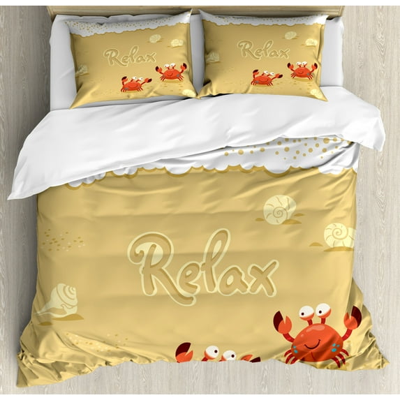 Crabs Duvet Cover Set, Funny Summer Card Animals on the Beach Holiday Vacation Theme Print, Decorative 3 Piece Bedding Set with 2 Pillow Shams, Queen Size, Sand Brown and White, by Ambesonne