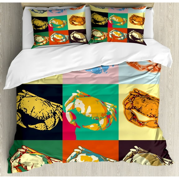 Crabs Duvet Cover Set, Illustration of Crabs Colorful Design Pop art Style Retro Design Print, Decorative 3 Piece Bedding Set with 2 Pillow Shams, King Size, Pale Yellow and Orange, by Ambesonne