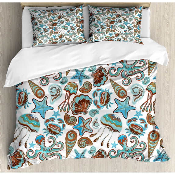Crabs Duvet Cover Set, Illustration of Sea Life Crabs Octopus Shells Starfish and Medusa Marine Print, Decorative 3 Piece Bedding Set with 2 Pillow Shams, Queen Size, Turquoise Brown, by Ambesonne