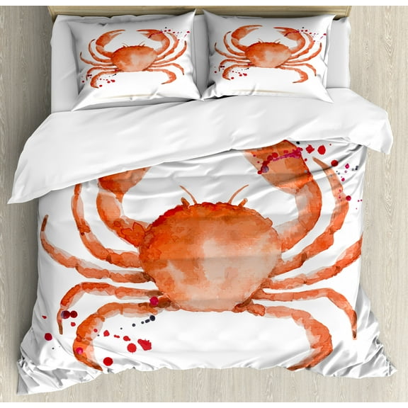 Crabs Duvet Cover Set Queen Size, Sea Animals Theme in Watercolor Style Effect a Big Crab on White Background Print, Decorative 3 Piece Bedding Set with 2 Pillow Shams, Vermilion, by Ambesonne