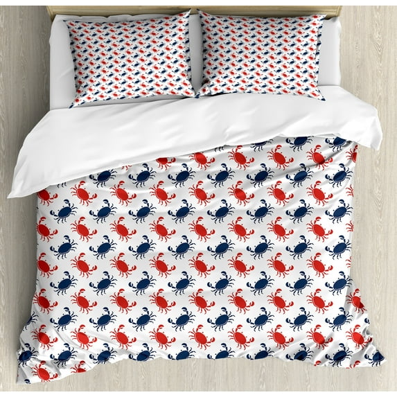 Crabs Duvet Cover Set, Sea Animals Theme Crabs on the White Background with Vintage Style Pattern Print, Decorative 3 Piece Bedding Set with 2 Pillow Shams, Calking Size, Blue and Red, by Ambesonne