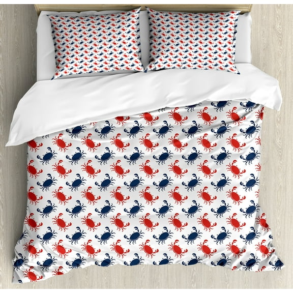 Crabs Duvet Cover Set, Sea Animals Theme Crabs on the White Background with Vintage Style Pattern Print, Decorative 3 Piece Bedding Set with 2 Pillow Shams, King Size, Blue and Red, by Ambesonne