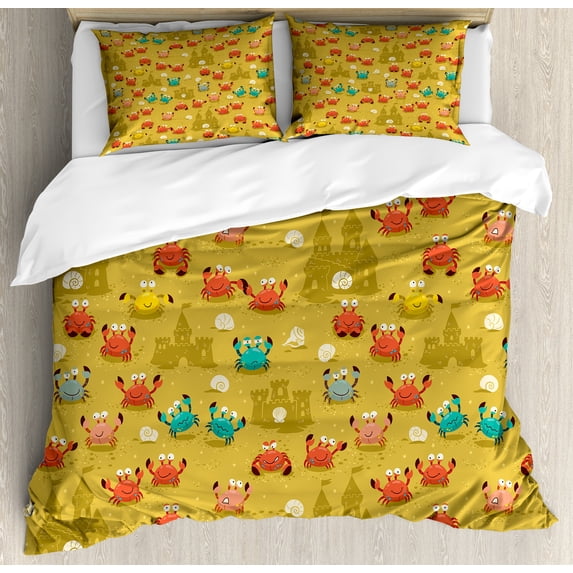 Crabs Duvet Cover Set, Themed Cartoon Style Crabs and Shells and a Sand Castle on Beach Print, Decorative 3 Piece Bedding Set with 2 Pillow Shams, King Size, Pale Coffee, by Ambesonne