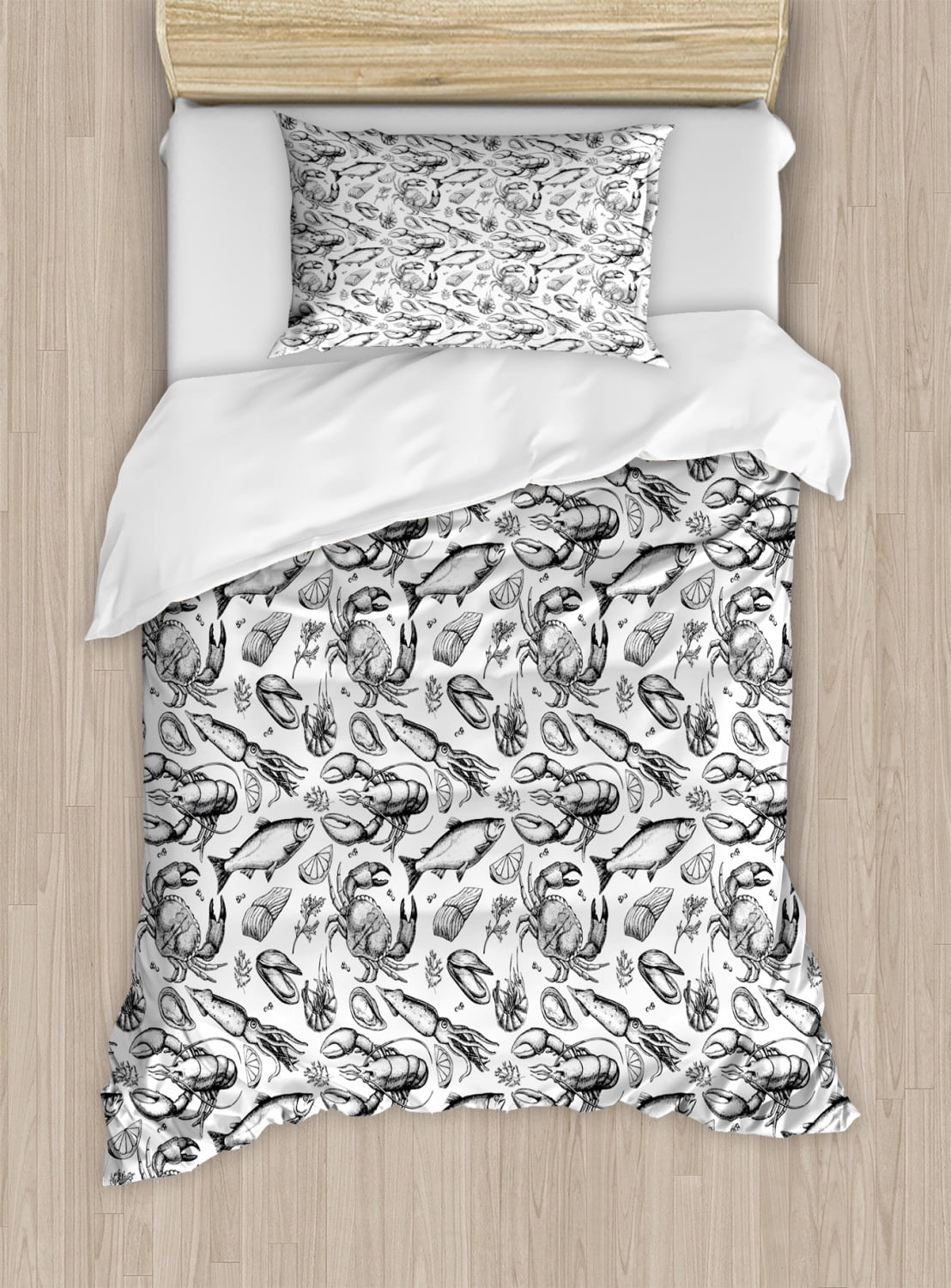 Twin Black and White Sea Animals Duvet Cover Set