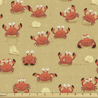 Ambesonne Crabs Fabric by the Yard Upholstery, Playful Fauna on Beach, 3 Yards, Pale Brown Orange