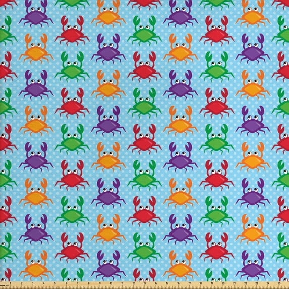 Ambesonne Cartoon Fabric by the Yard Upholstery, Crabs on Blue Backdrop, 3 Yards, Multicolor