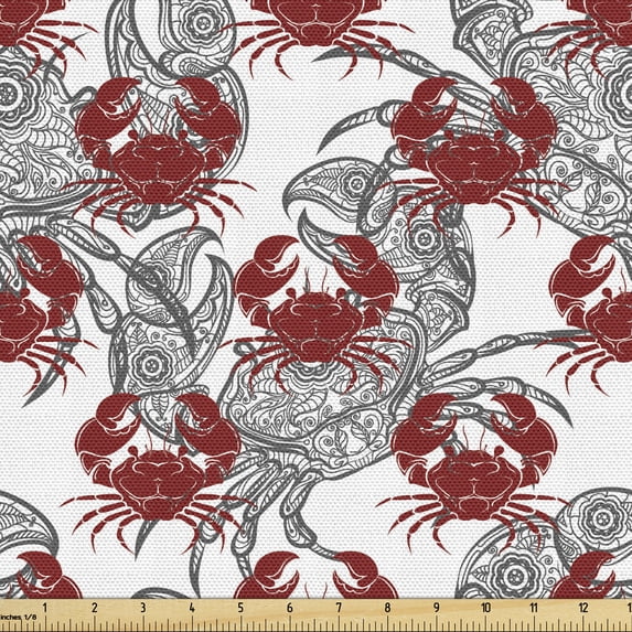 Crabs Fabric by the Yard Upholstery, Sea Animals Theme Illustration of Crabs on White Background Pattern Art Print, Decorative Fabric for DIY and Home Accents, 3 Yards, Ruby and Grey by Ambesonne