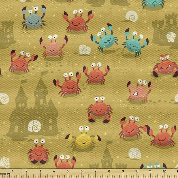 Ambesonne Crabs Fabric by the Yard Upholstery, Crab Shell Sand Castle, 10 Yards, Pale Coffee
