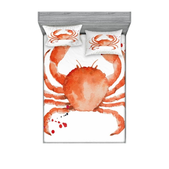 Crabs Fitted Sheet & Pillow Sham Set, Sea Animals Theme in Watercolor Style Effect a Big Crab on White Background Print, Decorative Printed 6 Piece Bedding Decor Set, Full, Vermilion, by Ambesonne