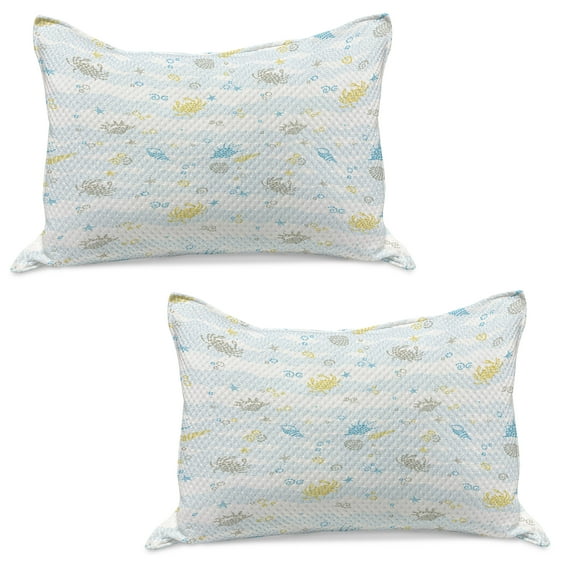 Crabs Knitted Quilt Pillowcover Set of 2, Maritime Sea Theme Crabs and Seashells Animals on the Spotted Background Print, Standard Queen Pillow Sham Bedroom, 30" x 20", Blue and Yellow, by Ambesonne