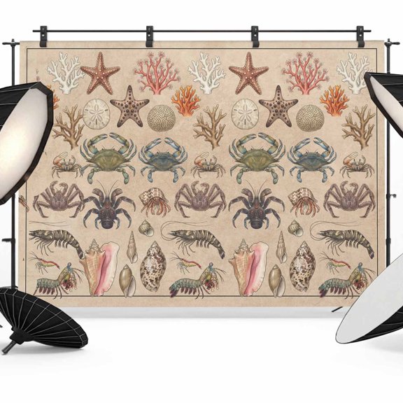 Crabs Photography Backdrop 7x5FT, Retro Sea Star Crab Shell Coral Linen Texture Photo Backdrops, Background for Photography Studio Photo Studio Background, Back Drop for Photoshoot