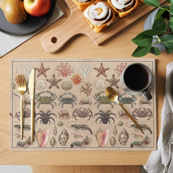 Crabs Placemats Set of 1, Retro Sea Star Crab Shell Coral Linen Texture Heat Insulated Linen Place Mats, Washable Stain-Proof Table Mats for Dining Tables Holiday Decor 13x19 Inches