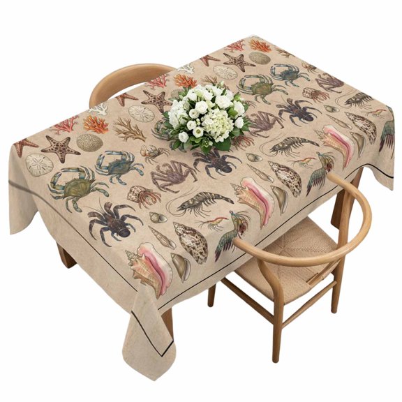 Crabs Rectangle Tablecloth Retro Sea Star Crab Shell Coral Linen Texture Waterproof Wrinkle Free Soft Table Cloth Spill-Proof Washable Table Cover for Dining Party Picnic 60 x 120 Inch