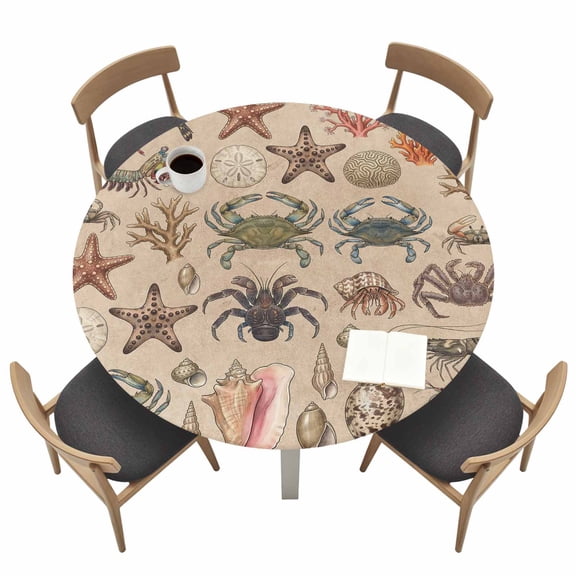Crabs Round Fitted Tablecloth with Elastic Edge Retro Sea Star Crab Shell Coral Linen Texture Table Cover Fit for 36"-44" Tables Waterproof Tablecloths for Dinner Camping Picnic