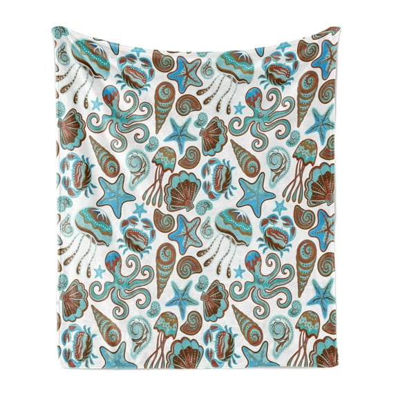 Crabs Soft Flannel Fleece Blanket, Illustration of Sea Life Crabs Octopus Shells Starfish and Medusa Marine Print, Cozy Plush for Indoor and Outdoor Use, 70" x 90", Turquoise Brown, by Ambesonne