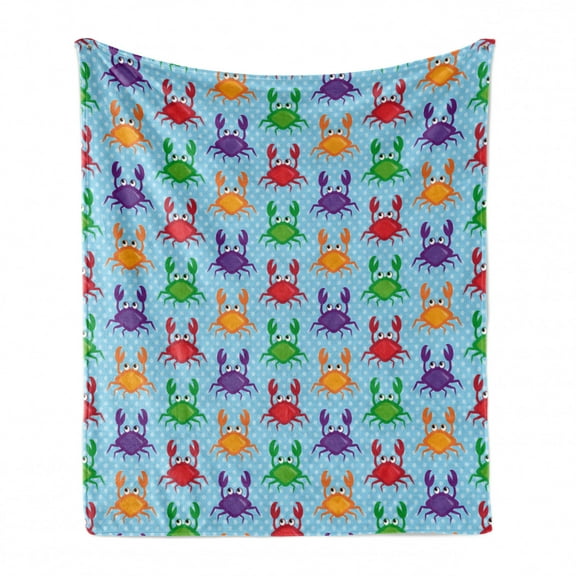 Crabs Soft Flannel Fleece Throw Blanket, Cartoon Art Style Illustration of Crabs on the Blue Background with Bubbles Print, Cozy Plush for Indoor and Outdoor Use, 50" x 70", Multicolor, by Ambesonne