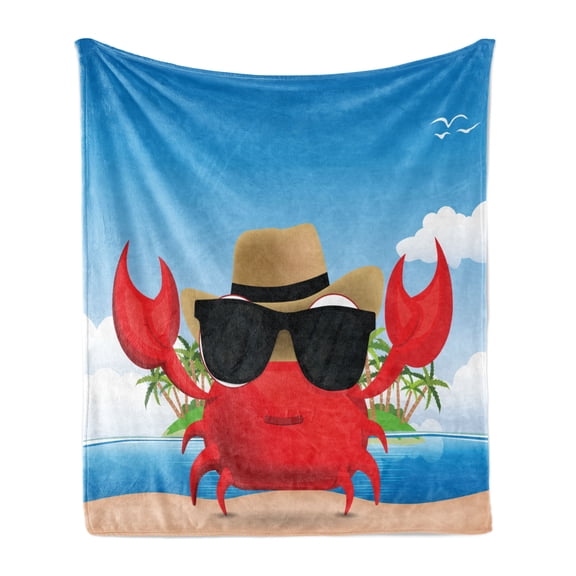 Crabs Soft Flannel Fleece Throw Blanket, Cool Crustacean with Black Sunglasses and a Hat Summer Vacation on Tropical Island, Cozy Plush for Indoor and Outdoor Use, 50" x 60", Multicolor, by Ambesonne