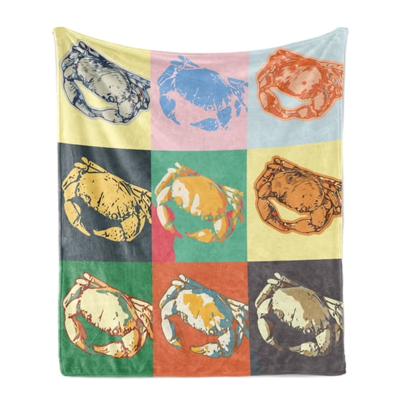 Crabs Soft Flannel Fleece Throw Blanket, Illustration of Crabs Different Colors Poprt Style Retro Design Print, Cozy Plush for Indoor and Outdoor Use, 60" x 80", Pale Yellow and Orange, by Ambesonne