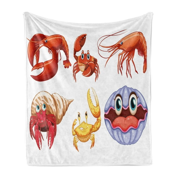 Crabs Soft Flannel Fleece Throw Blanket, Illustration of Sea Animals Like Crab Hermit Crab Lobster Shells Shrimp Print, Cozy Plush for Indoor and Outdoor Use, 60" x 80", Orange Yellow, by Ambesonne