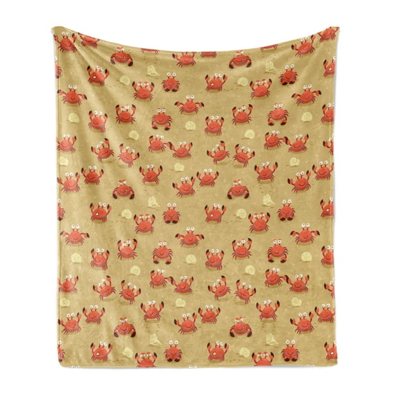 Crabs Soft Flannel Fleece Throw Blanket, Playful Childish Sea Animals on a Sandy Beach with Shells Kids Design Fauna, Cozy Plush for Indoor and Outdoor Use, 50" x 60", Pale Brown Orange, by Ambesonne