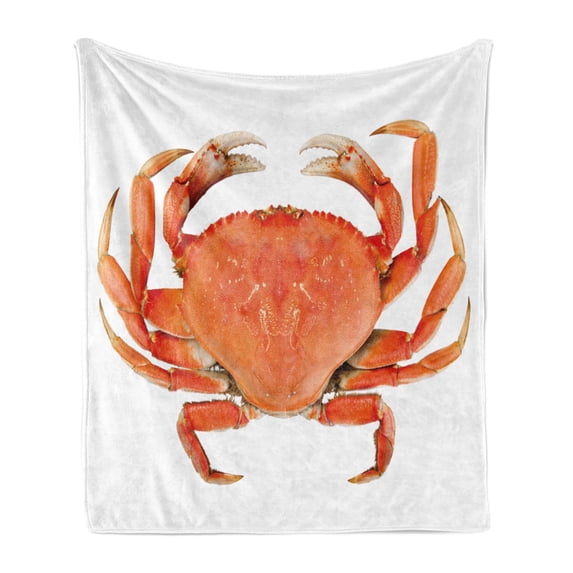 Crabs Soft Flannel Fleece Throw Blanket, Sea Animals Theme a Cooked Dungeness Crab National Marks Digital Image Print, Cozy Plush for Indoor and Outdoor Use, 50" x 70", Orange White, by Ambesonne