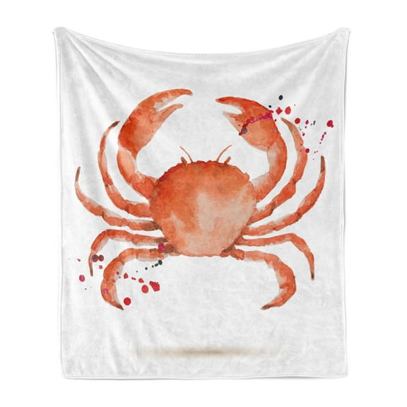 Crabs Soft Flannel Fleece Throw Blanket, Sea Animals Theme in Watercolor Style Effect a Big Crab on White Background Print, Cozy Plush for Indoor and Outdoor Use, 50" x 70", Vermilion, by Ambesonne