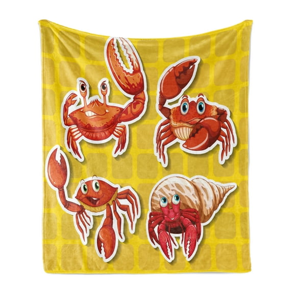 Crabs Soft Flannel Fleece Throw Blanket, Stickers of 4 Different Crabs Illustration in Cartoon Style Print, Cozy Plush for Indoor and Outdoor Use, 50" x 70", Earth Yellow and Orange, by Ambesonne