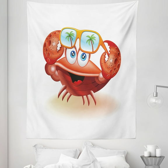 Crabs Tapestry, Comical Oceanic Character Looking Under His Sunglasses with Palm Trees, Fabric Wall Hanging Decor for Bedroom Living Room Dorm, 5 Sizes, Vermilion Orange Blue, by Ambesonne