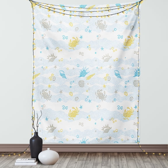 Crabs Tapestry, Maritime Sea Theme Crabs and Seashells Animals on the Spotted Background Print, Wall Hanging for Bedroom Living Room Dorm Decor, 60W X 80L Inches, Blue and Yellow, by Ambesonne