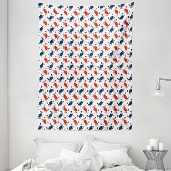 Crabs Tapestry, Sea Animals Theme Crabs on the White Background with Vintage Style Pattern Print, Wall Hanging for Bedroom Living Room Dorm Decor, 60W X 80L Inches, Blue and Red, by Ambesonne