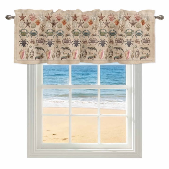 Crabs Window Valance for Kitchen, Retro Sea Star Crab Shell Coral Linen ...